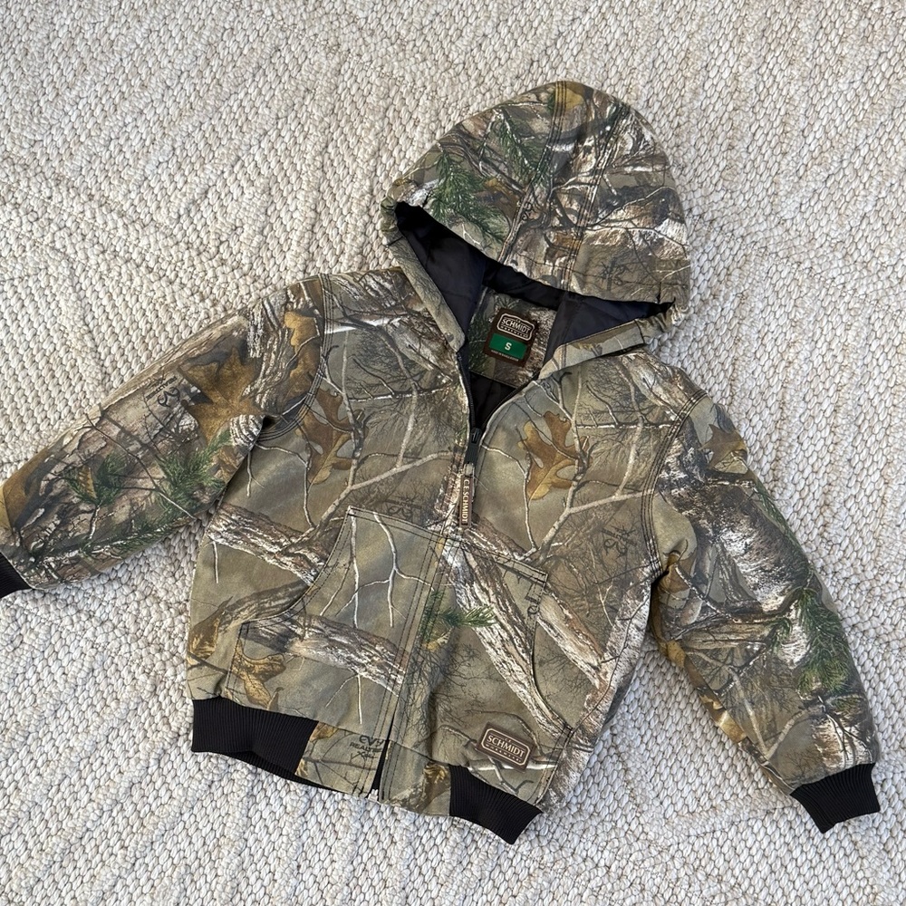 Kids Camo Hooded Jacket Size S | Zip-Up Outdoor Jacket